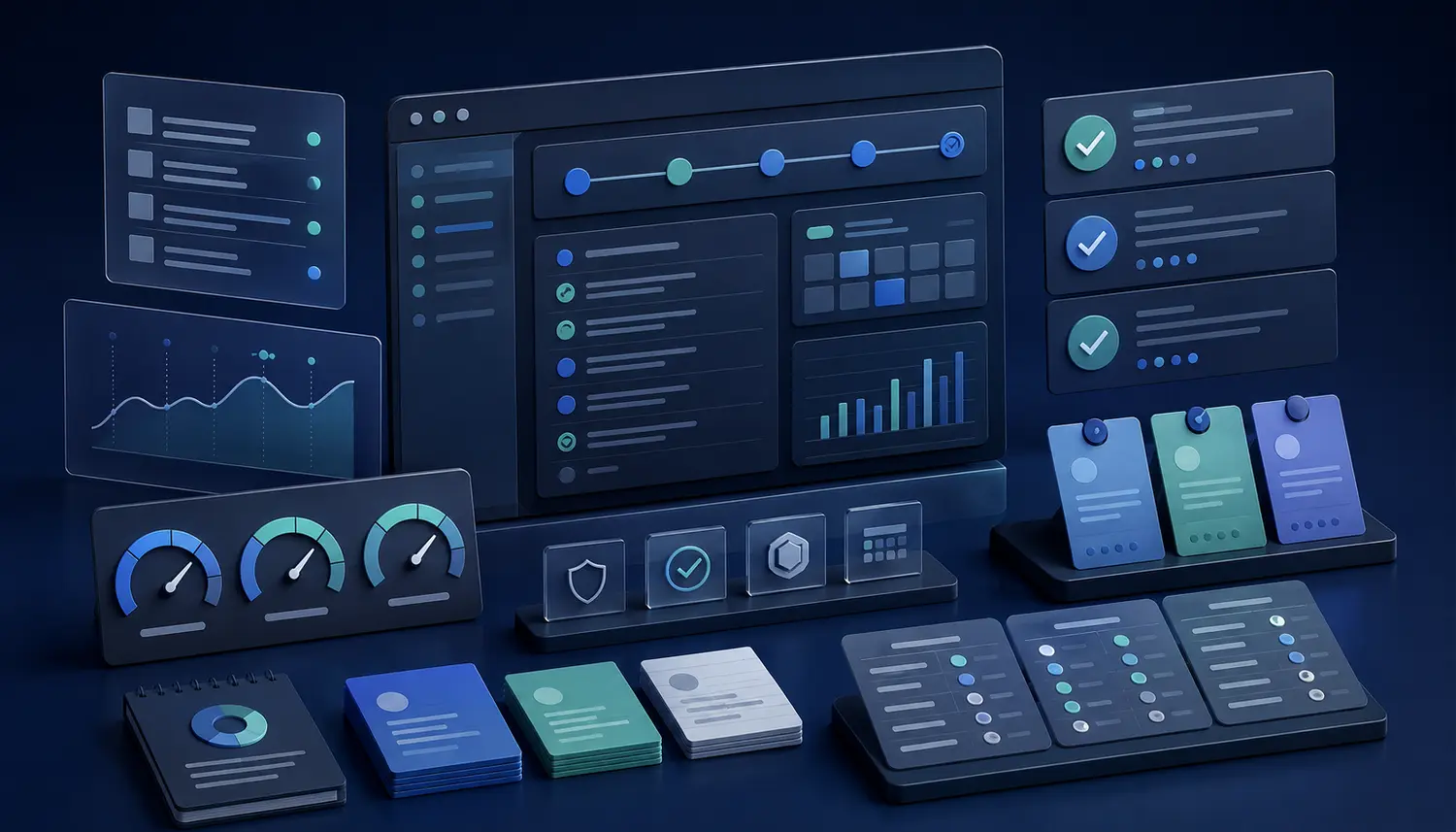 Structured software testing workspace with checklists, gauges and evidence cards